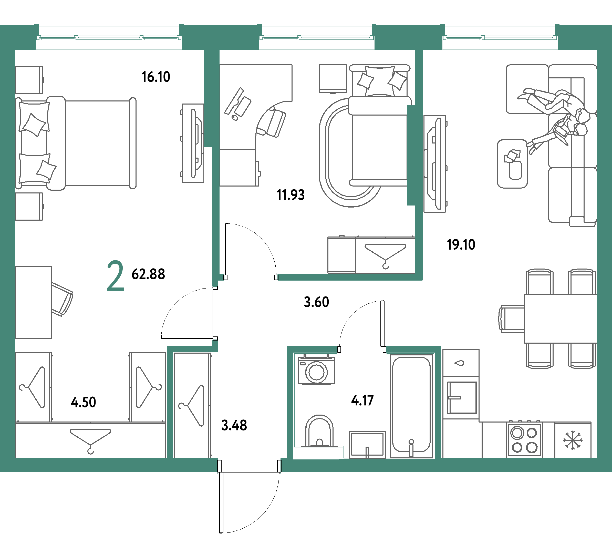 2-комнатнаяквартира62.88м²